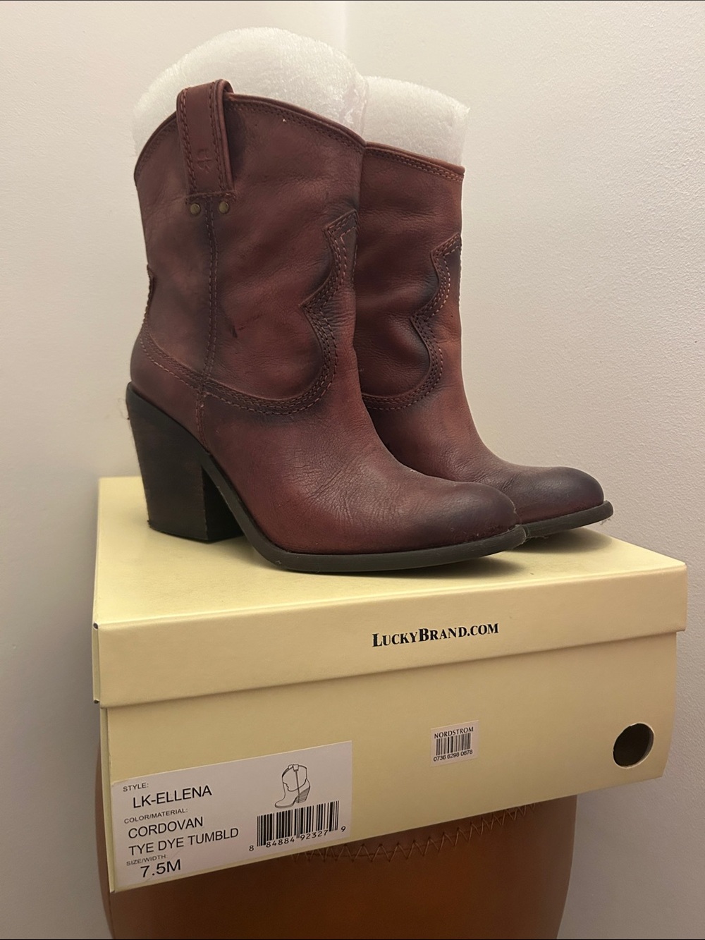 Lucky Brand Cordovan Tie-Dye Brown Leather Western Heel Boots